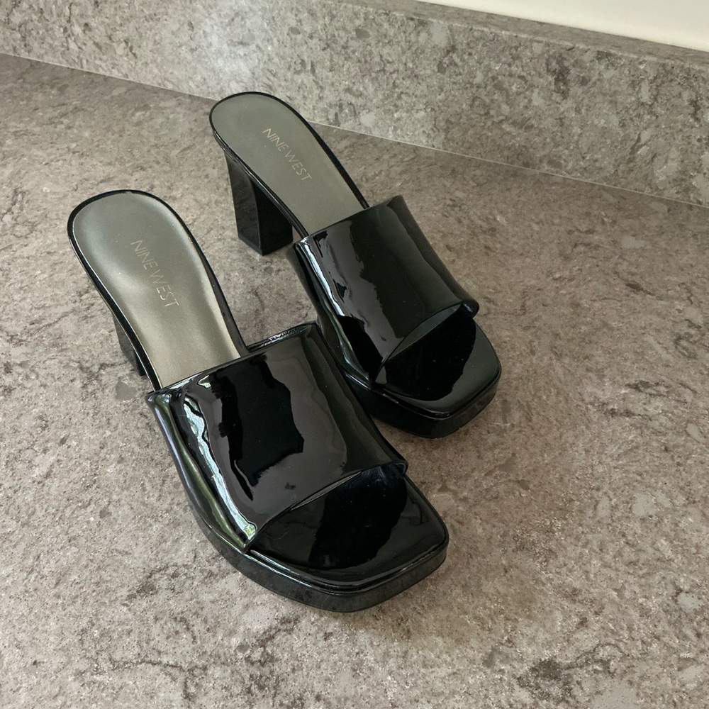 Nine West Glossy Black Block Heel Mules